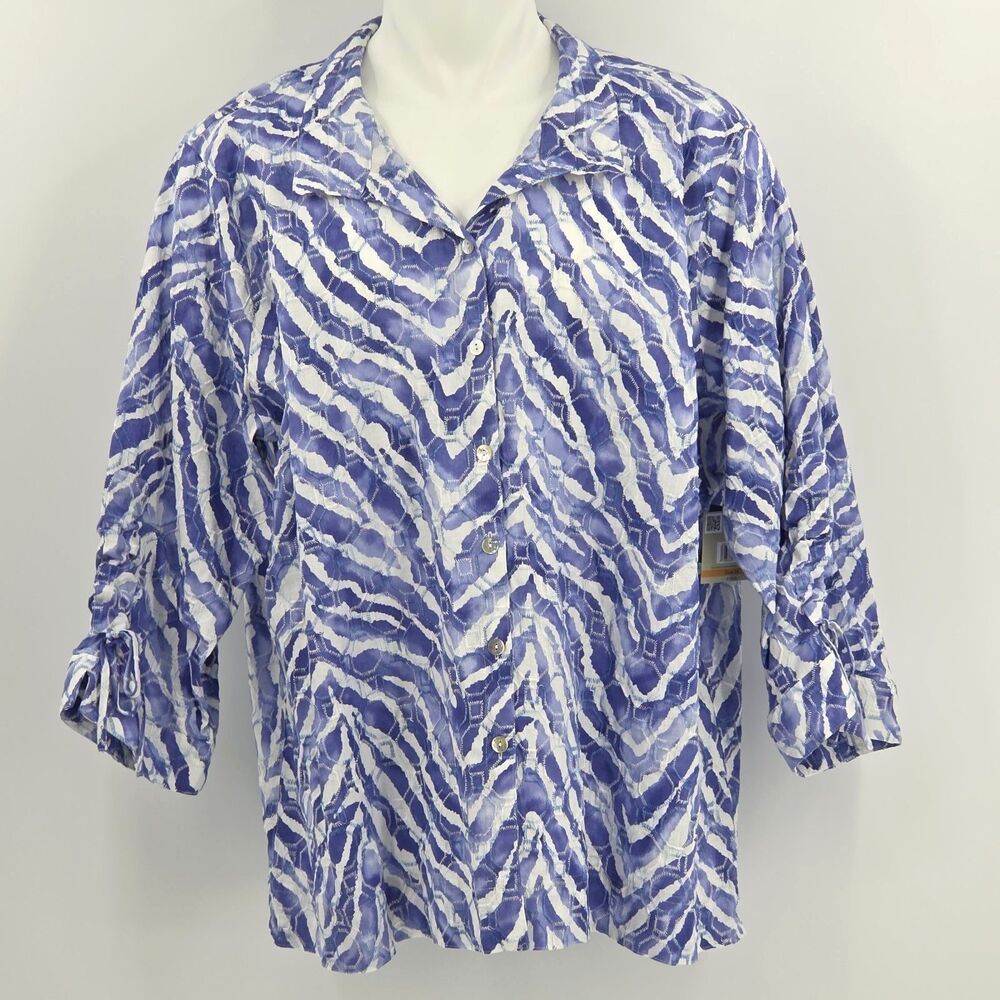 John Mark Blue Zebra Print Button Up Down Linen Shirt Womens Size 3X Embroidery